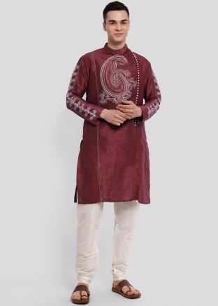 Readymade Printed Men Kurta Pajama In Dark Maroon