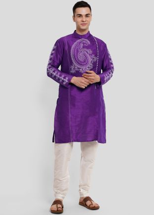 Purple Readymade Men Kurta Pajama In Dupion Silk