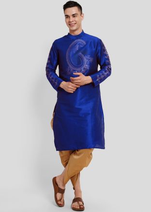 Royal Blue Readymade Men Kurta Dhoti In Print