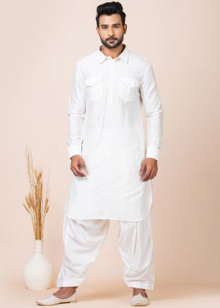 Mens White Plain Pathani Suit