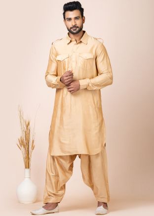 Readymade Mens Beige Plain Pathani Suit