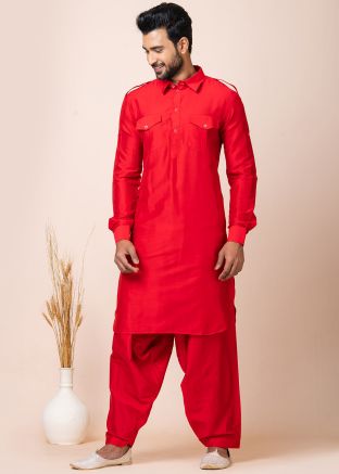 Readymade Red Mens Viscose Pathani Suit