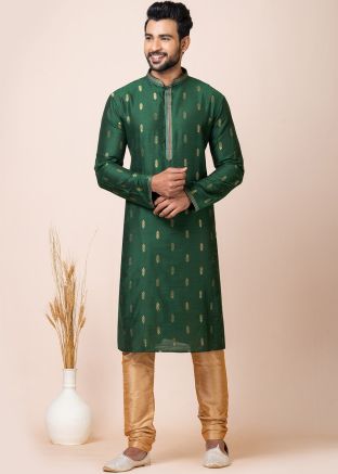 Green Zari Readymade Jacquard Silk Kurta Pajama