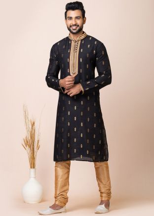 Black Readymade Zari Kurta Pajama In Jacquard Silk