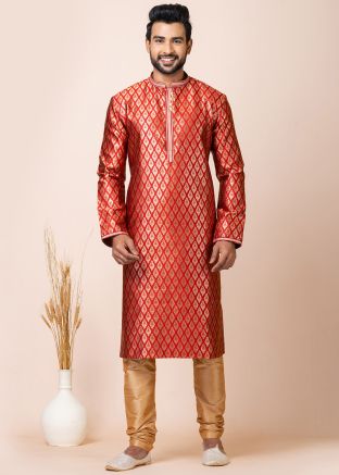 Readymade Zari Jacquard Silk Kurta Pajama In Red
