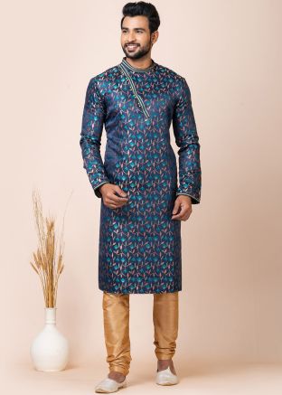 Navy Blue Zari Woven Jacquard Silk Kurta Pajama 