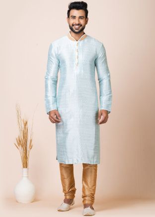 Pastel Blue Woven Jacquard Silk Kurta Pajama 