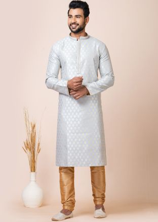 Readymade Woven Jacquard Silk Kurta Pajama In Grey