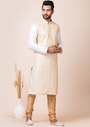 White Readymade Art Silk Men Kurta Pajama