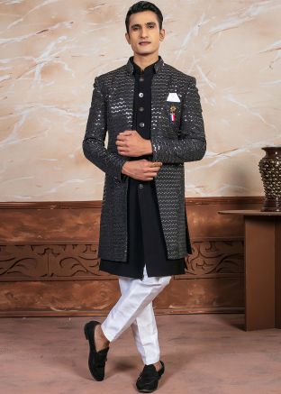 Black Embroidered Jacket Style Indo Western Sherwani