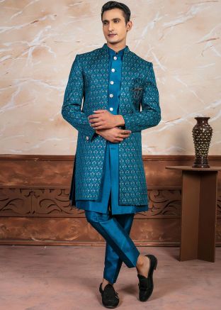 Teal Blue Embroidered Jacket & Indo Western Sherwani