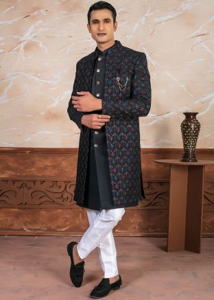 Black Mens Embroidered Jacket Style Indo Western Set