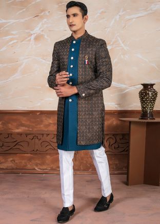 Green Embroidered Readymade Indowestern Sherwani In Art Silk