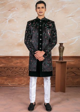 Black Embroidered Readymade Indowestern Sherwani In Velvet