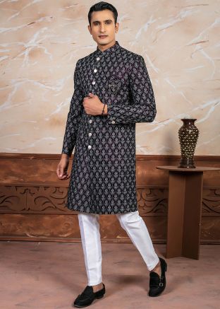 Wine Velvet Readymade Indowestern Sherwani In Embroidery