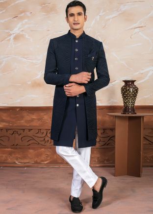 Dark Blue Readymade Art Silk Indowestern Sherwani Set In Print