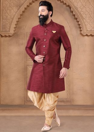 Maroon Readymade Art Silk Indowestern Dhoti Sherwani