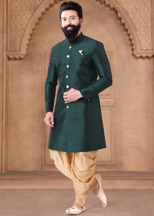 Green Readymade Indowestern Dhoti Sherwani In Art Silk