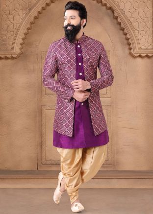 Purple Readymade Art Silk Indowestern Dhoti Sherwani