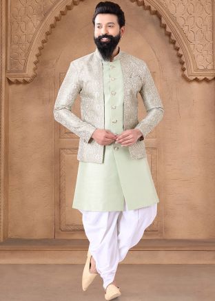 Pastel Green Readymade Indowestern Dhoti Sherwani In Art Silk