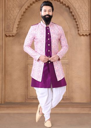 Purple Readymade Art Silk Indowestern Dhoti Jacket Style Sherwani