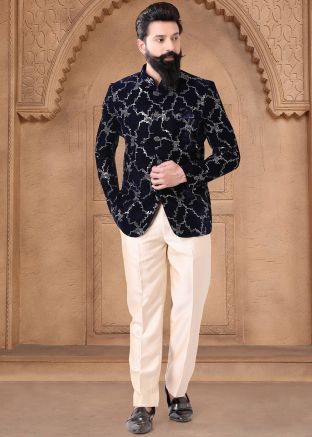 Dark Blue Readymade Bandhgala Judhpuri Suit In Velvet
