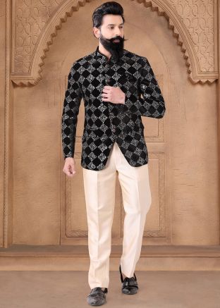 Black Readymade Velvet Embroidered Bandhgala Jodhpuri Suit