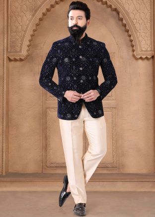 Dark Blue Readymade Velvet Bandhgala Jodhpuri Suit Set