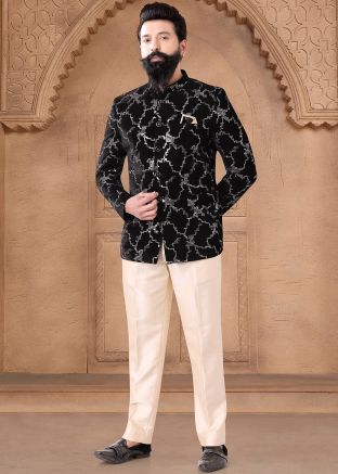 Black Readymade Embroidered Bandhgala Jodhpuri Suit In Velvet
