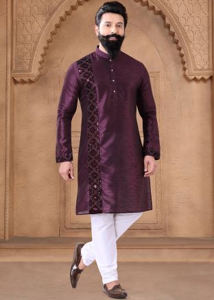 Wine Readymade Embroidered Men Art Silk Kurta Pajama