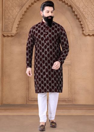 Maroon Readymade Men Velvet Kurta Pajama In Embroidery