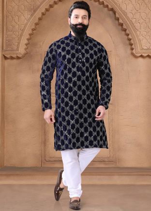Readymade Men Embroidered Velvet Kurta Pajama In Blue
