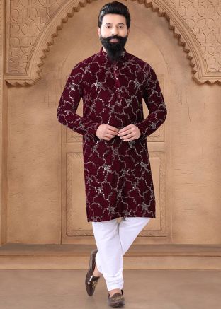 Maroon Readymade Men Embroidered Kurta Pajama In Velvet