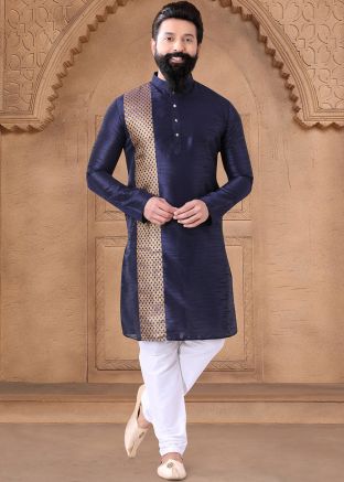 Blue Readymade Woven Men Art Silk Kurta Pajama Set