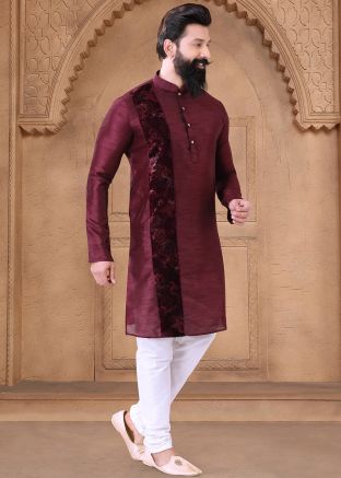 Readymade Woven Men Art Silk Kurta Pajama In Maroon