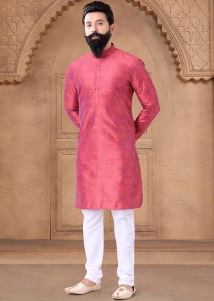 Pink Readymade Men Jacquard Kurta Pajama In Pink