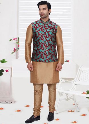 Brown Printed Mens Kurta Pajama