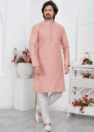 Pink Woven Mens Kurta Pajama In Jacquard