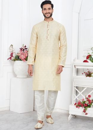Yellow Woven Mens Kurta Pajama In Jacquard