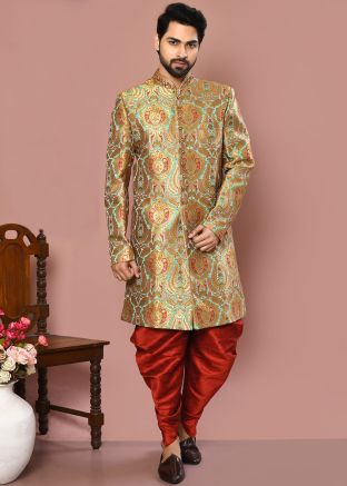 Woven Banarasi Silk Indowestern Dhoti Sherwani In Pastel Green
