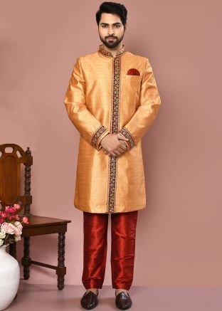 Orange Men Embroidered Banarasi Silk Indowestern Sherwani 