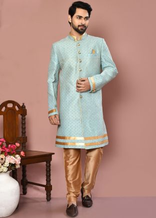 Sky Blue Men Banarasi Silk Indowestern Sherwani In Thread Work