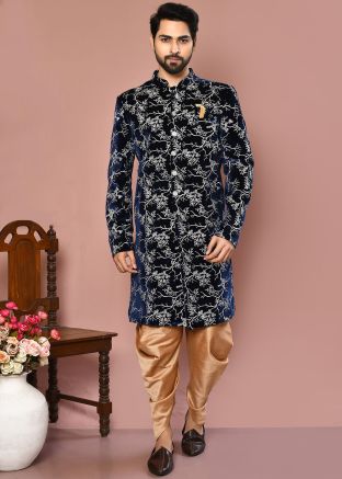 Navy Blue Men Embroidered Indowestern Dhoti Sherwani In Velvet