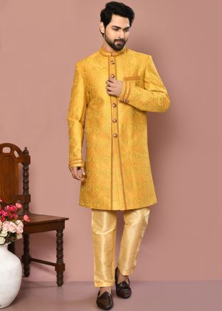 Men Embroidered Indowestern Banarasi Silk Sherwani In Yellow