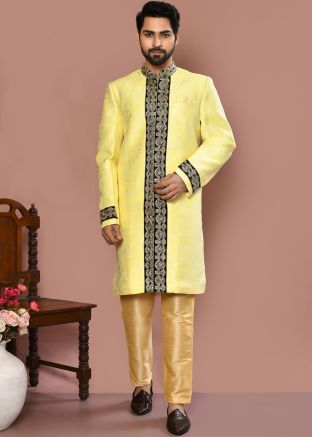 Yellow Men Embroidered Indowestern Banarasi Silk Sherwani Set