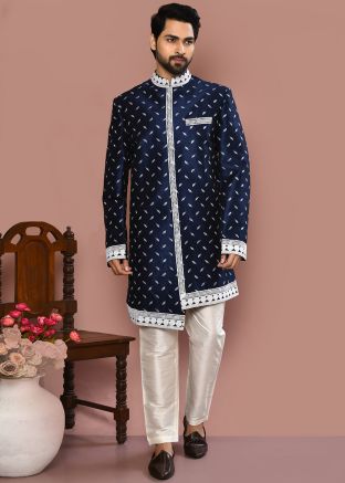 Blue Men Banarasi Silk Indowestern Sherwani In Thread Embroidery