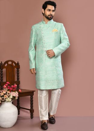 Sky Blue Men Banarasi Silk Indowestern Sherwani In Woven Work