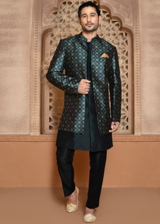 Green Men Banarasi Silk Indowestern Woven Jacket Style Sherwani 