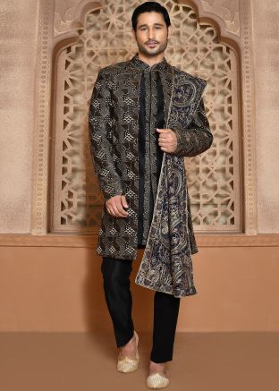 Black Men Banarasi Silk Indowestern Sherwani In Thread Embroidery