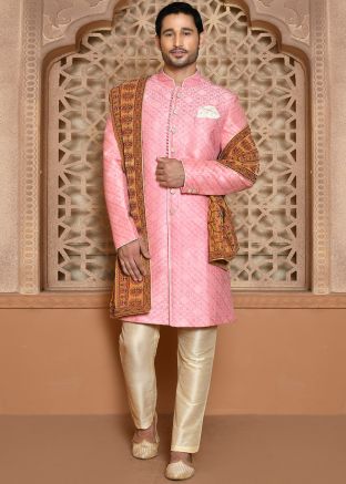 Pink Men Embroidered Banarasi Silk Indowestern Sherwani Set